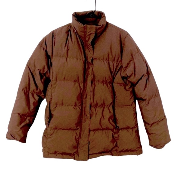 L.L. Bean goose Down brown jacket zipper snap front closure  Blue lining Large - Picture 3 of 16